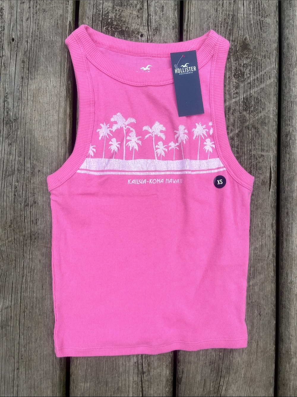 Hollister Pink Ribbed Tank with White Palm Stripe Size XS